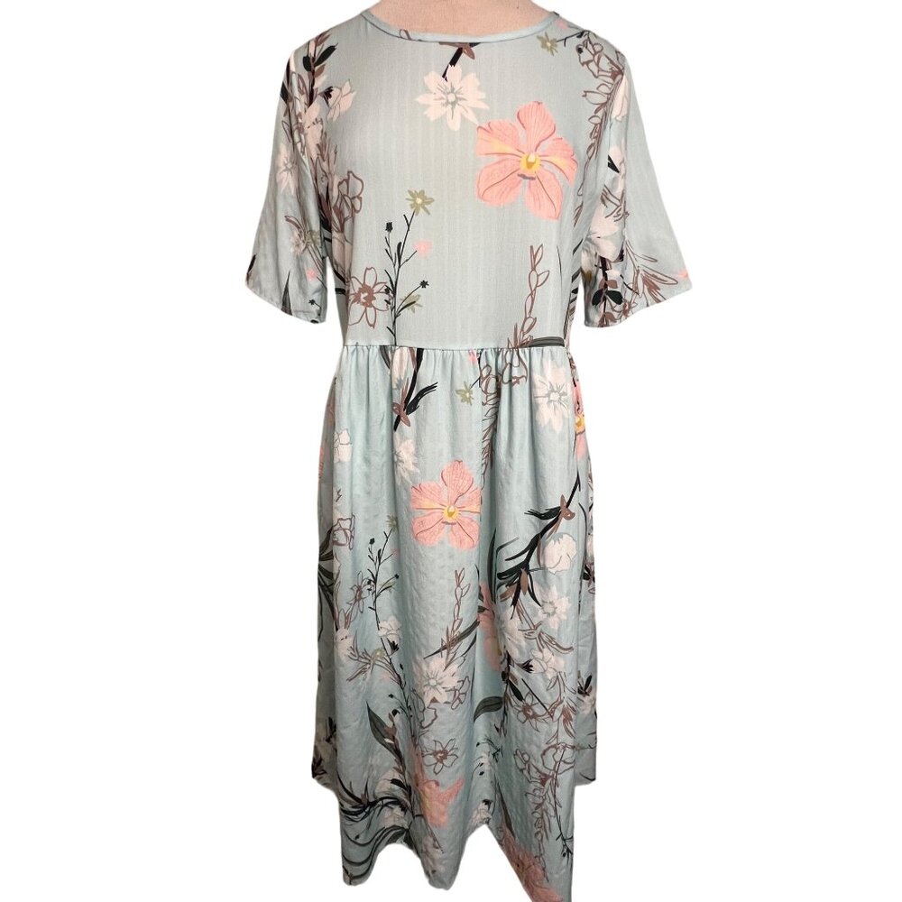 Lt Blue Floral Dress Small Midi Pocket Lightweight Oversized Boho Chic